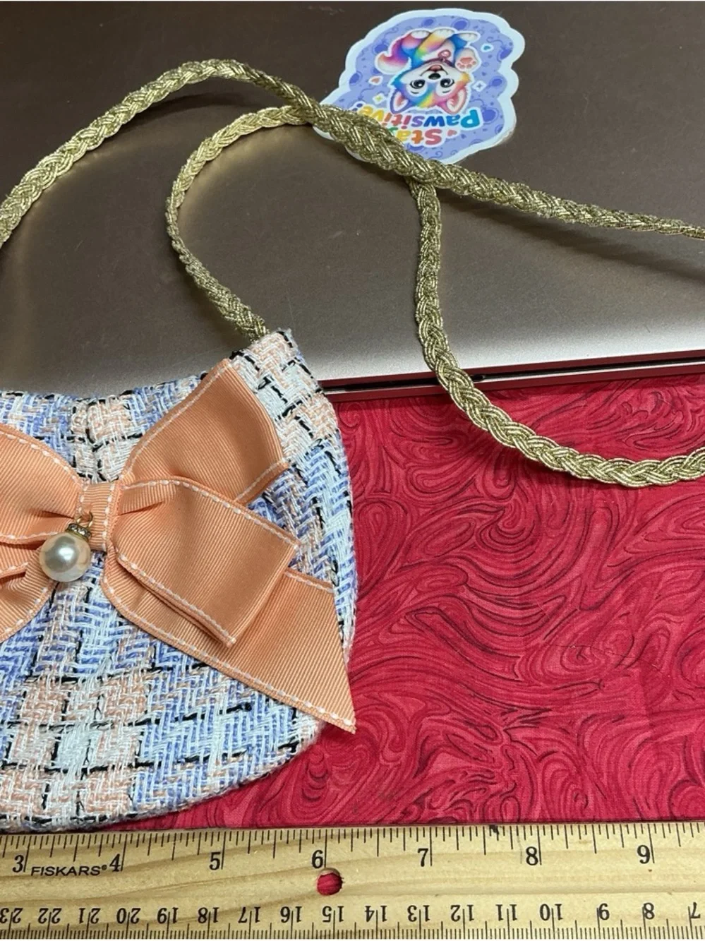 Girls Peach Bow Tweed Crossbody Purse with Pearl Accent